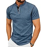 PEGENO Henley Shirts for Men Casual Cotton Shirt Banded Collar Designed Placket Mens Summer Shirts