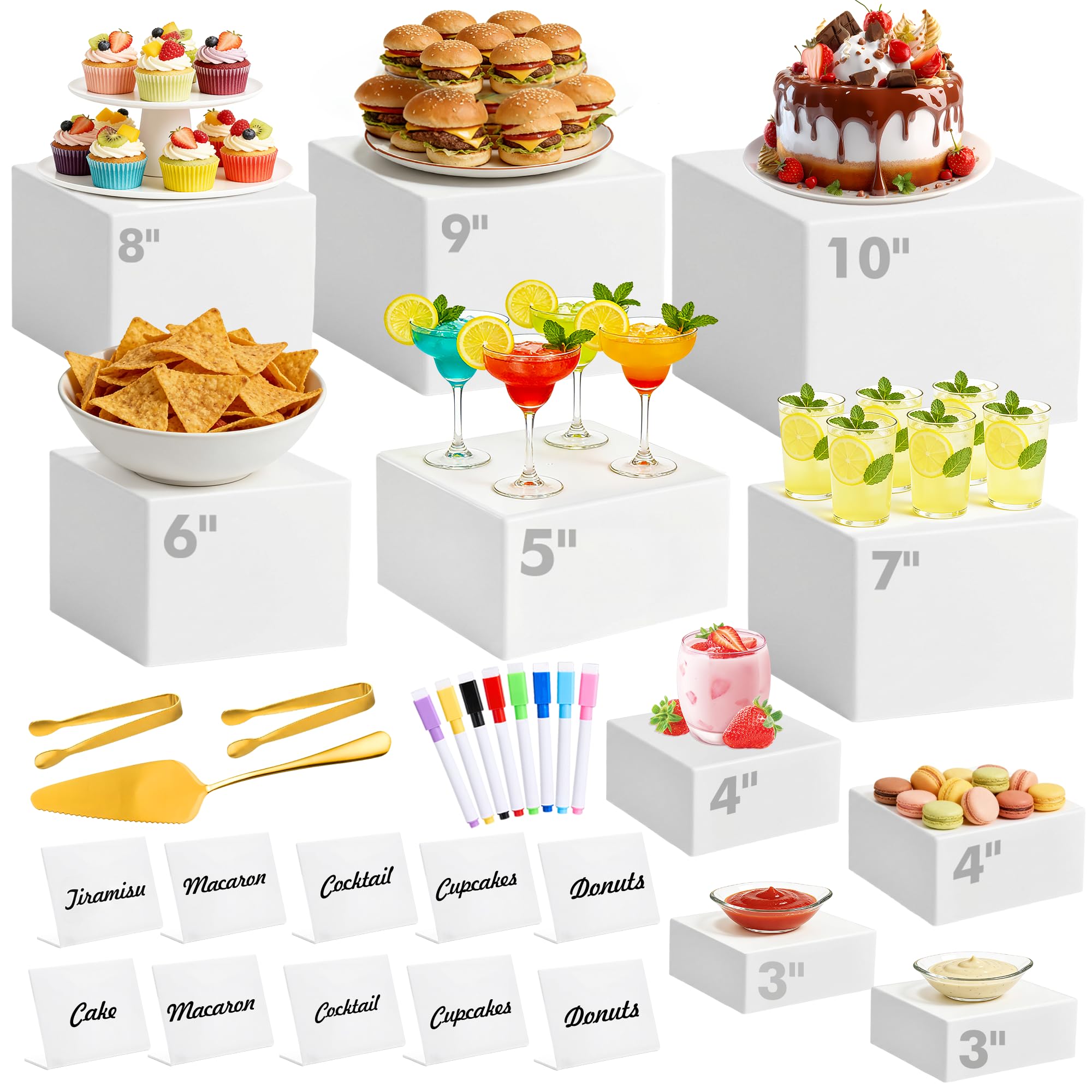 Photo 1 of 10 Pcs Buffet Risers with Mini Sign and Maker Serving Tongs Cake Cutter, White Acrylic Food Display Stands for Buffet Table Party Catering Dessert Nesting Cube Boxes with Hollow Bottoms (10",9",8",7",6",5",5",4",4",3")