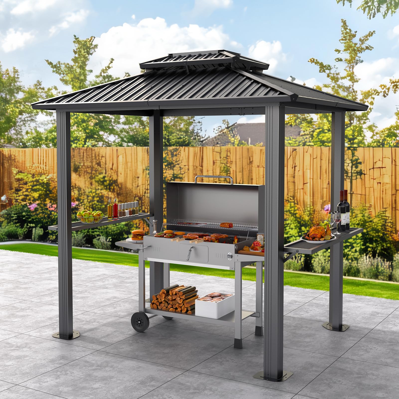 View 1 of ***BOXES 1 AND 2 OUT OF 3 **NO GRILL ** Hoteel 6x8 Hardtop Grill Gazebo, Outdoor Patio BBQ Gazebo with Galvanized Steel Double Roof, Hardtop Barbecue Canopy with 2 Side Shelves for Deck Lawn Backyard Garden,Black