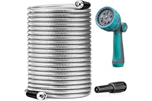 LOOHUU Metal Garden Hose 50ft - Stainless Steel Heavy Duty Water Hose with 10 Function Nozzle - Flexible, No Kink, Puncture Proof,Large Diameter Hose for Yard, Outdoors