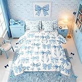 Erosebridal 7 Piece Blue Bowknot Comforter Set with Sheets for Kids Teens Women Cute Ribbon Bow Bed in A Bag Twin,Preppy Trendy Kawaii Coquette Bedding Set Butterfly Knot Bow Tie Bed Set