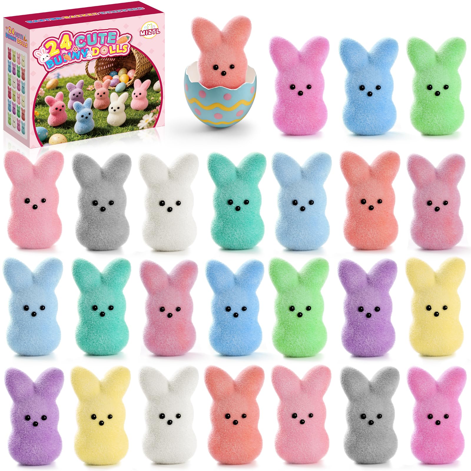 MIZTL 24Pack Mini Flocked Bunny for Easter Basket Stuffers, Easter Egg Fillers for Kids, Easter Gifts for Children, Easter Toys Party Favors & Decor