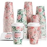 Jingmore 50 Set 16 oz Floral Disposable Coffee Cups with Lids and Sleeves Floral Paper Coffee Cups Flower Paper Drinkware for Tea Party, Birthday, Weddings, Baby Shower, Cafes Shops(Rose)