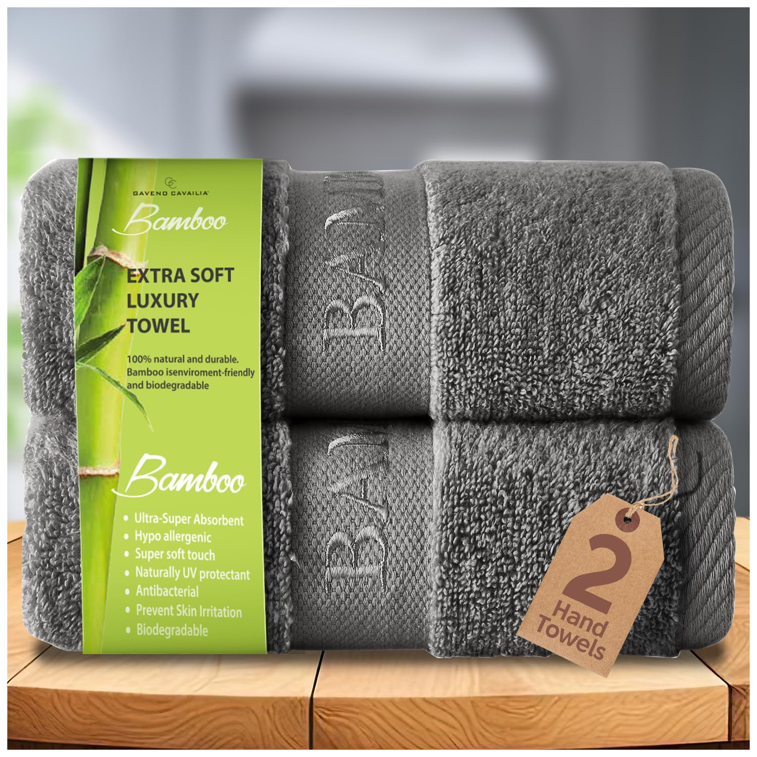 GC GAVENO CAVAILIA Bamboo Hand Towels 2 Pack - 500 gsm Highly Absorbent Towels For Bathroom (50x80 Cm) - 60% Bamboo, 40% Cotton Towels Bale Extra Soft - Charcoal