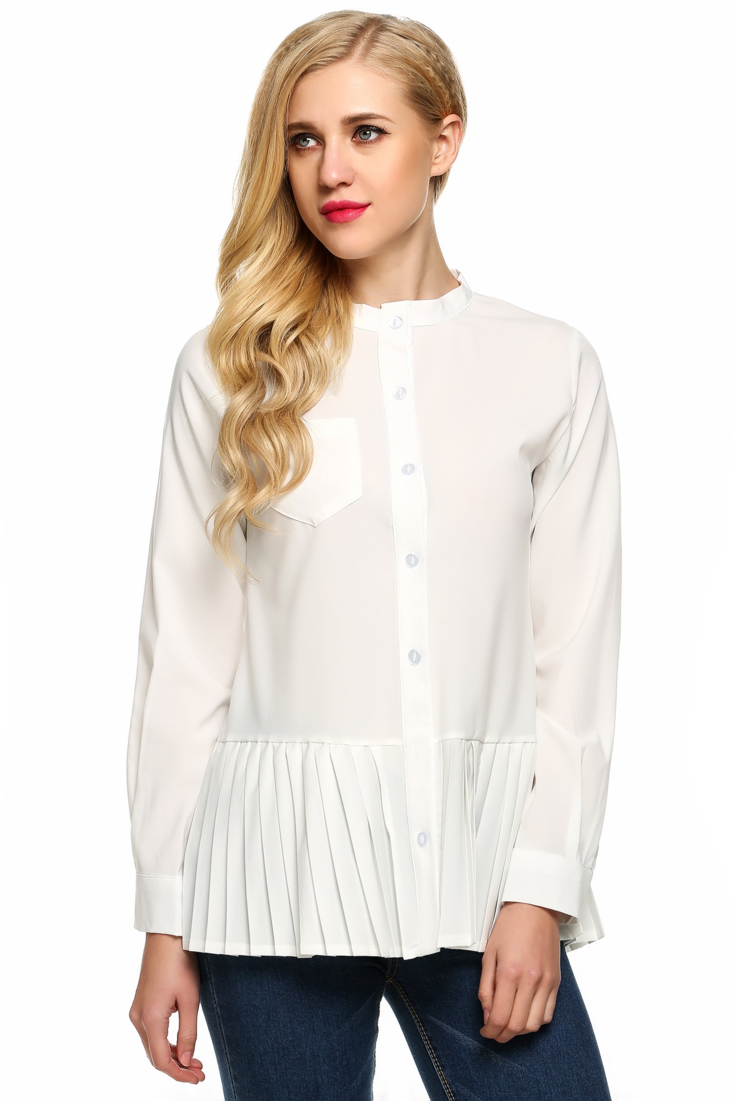 Pelertu Women\'s Ruffle Long Sleeve Asymmetrical Hem Collared Shirt Tops