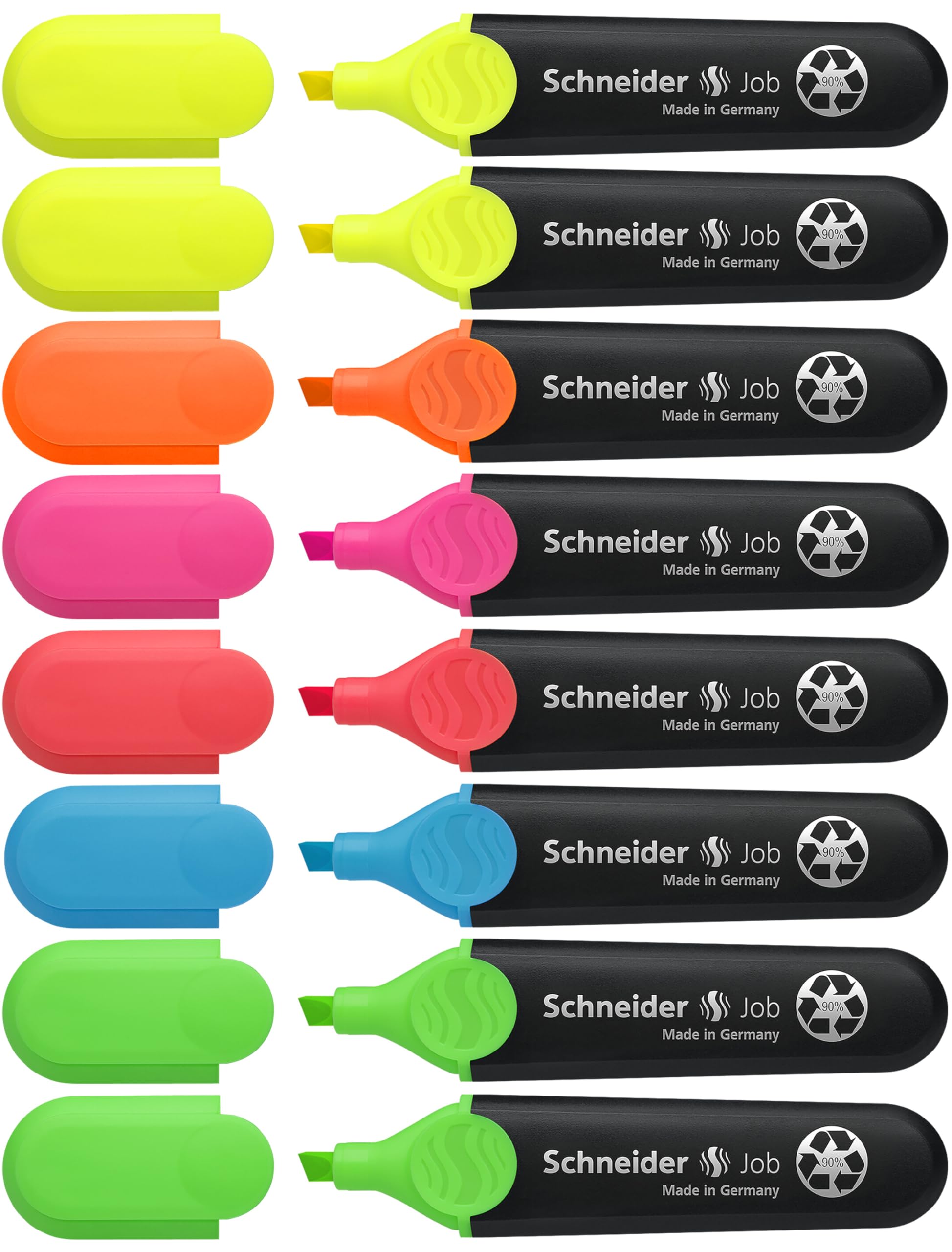 Schneider Highlighter Job refillable pens, Assorted Colours, Pack of 8, Yellow, Orange, Pink, Red, Blue, Green)