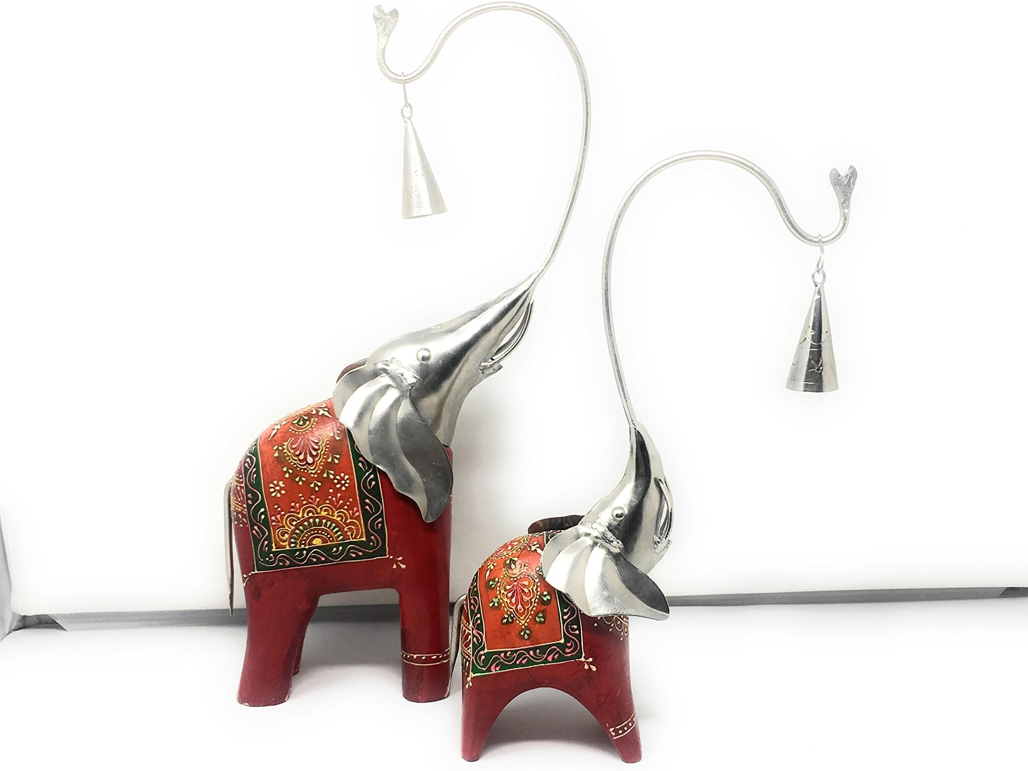 Royal Rajasthani Wooden Elephant With Bells (set of 2) Statue - Indian Antique Pink City Traditional Handmade Handicraft Gift Item Home Decor Iron Elephant Showpiece / Figurine/Windchime