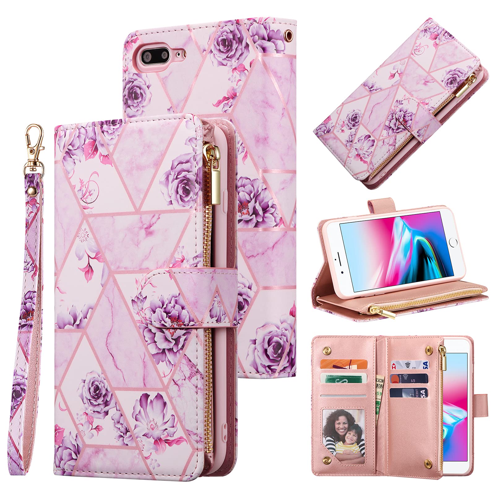 UEEBAI Wallet Case for iPhone 7 Plus iPhone 8 Plus, Premium PU Leather Case Magnetic Closure Geometric Marble Flower Pattern Handbag Zipper Pocket Case Kickstand 6 Card Slots Flip Cover - Purple