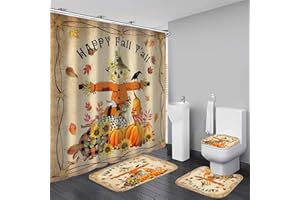 DDQQ Happy Fall Y'all Shower Curtain Set with Rugs, Thanksgiving Harvest Scene with Maple Leaves Scarecrow Crops Pumpkins Bathroom Set with Shower Curtain and Rugs and Accessories