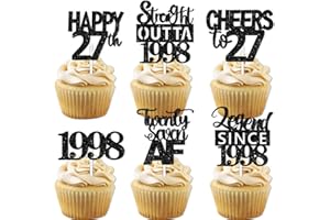 LETLIMIT 18pcs Black Glitter Dessert Cupcake Pick for Straight Outta 1998 Legend Since 1997 Theme Decor Supplies Men Happy 27th Birthday Party Decoration