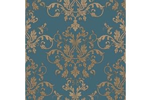 Vintage Damask Peel and Stick Wallpaper, Self Adhesive Removable Vinyl Wall Covering, Teal Gold Traditional, 17.3" x 118", Ho