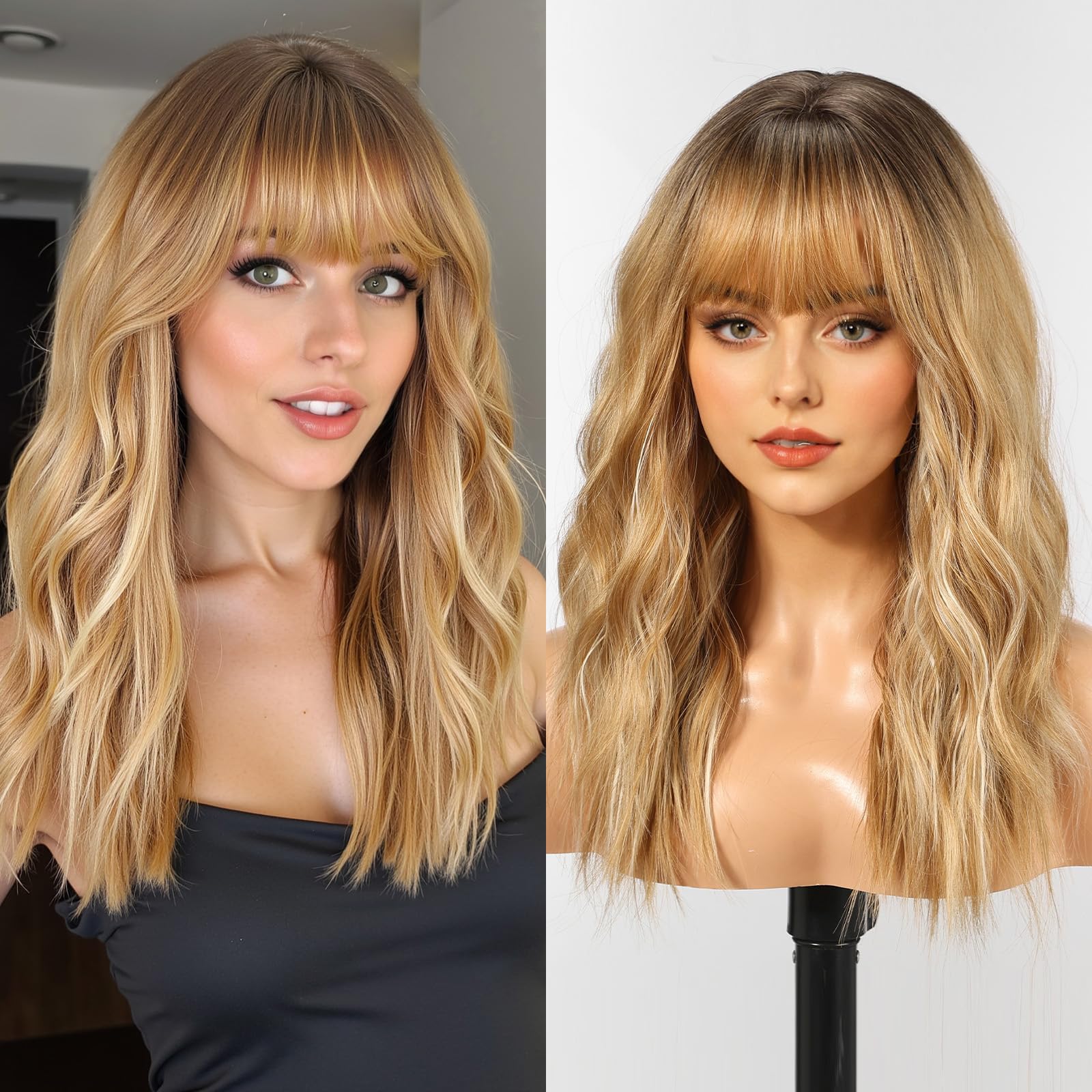 WOKESTAR Long Wig with Fringe Synthetic Wavy Wigs for Women Light Blonde with Highlights Color — image 1