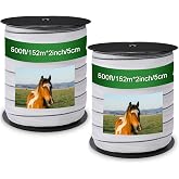 Wowangce 2 Pcs Electric Fence Tape Polytape, 500 Feet X 2 Inch,White | Poly Rope for Livestock Horse Paddock, High Visibility Polytape, 2 Inch Wide Electric Fence Tape, Farm Perimeter Fencing