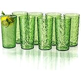 MIYOPESI 18oz Acrylic Glasses Drinkware (Set of 8), Ice-carved Design Unbreakable Plastic Cups, Reusable Plastic Drinking Glasses, Stackable, BPA-Free, Dishwasher-Safe (Green)