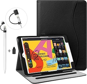 Fintie Bundle: Multi-Angle Case Cover for iPad 7th Generation 10.2" 2019 + 3 Pieces Apple Pencil Cap Holder, Nib Cover, Charging Cable Adapter Tether for Apple Pencil 1st Generation, Black