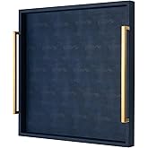 Large Navy Blue Decorative Tray for Ottoman,Stylish Rectangle Coffee Table Tray with Handles,Versatile Serving Tray for Living Room and Home Decor