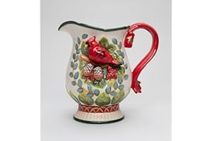 COSMOS GIFTS Fine Ceramic Christmas Evergreen Cardinal Pinecone Decorative Pitcher, 7-7/8" H