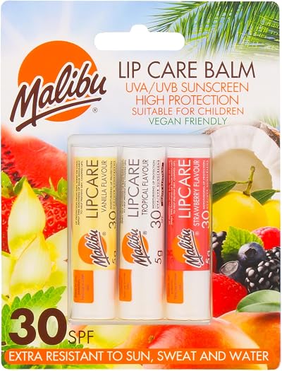 Malibu Sun SPF 30 Lip Balm Trio Vanilla Tropical Strawberry 3 x 5g