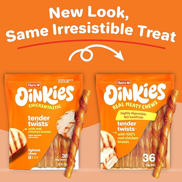 HARTZ OINKIES TENDER TWISTS WITH REAL CHICKEN BREAST RAWHIDE-FREE DOG TREATS, HIGHLY DIGESTIBLE DOG CHEWS, 72 COUNT