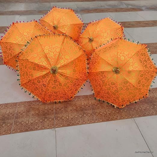 Amazon Com Worldoftextile 07 Pcs Orange Lot Indian Wedding Umbrella Handmade Umbrella Decorations Vintage Parasols Cotton Umbrellas Home Kitchen