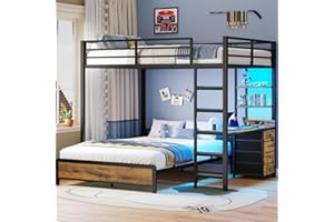 ADORNEVE Bunk Bed with Desk, Full Over Full Bunk Beds with Charging Station & Led Lights, 4 Storage Drawers & 2 Open Storage Shelves, Metal Loft Bed with Safety Guardrail & Ladder for Kids/Teen, Black