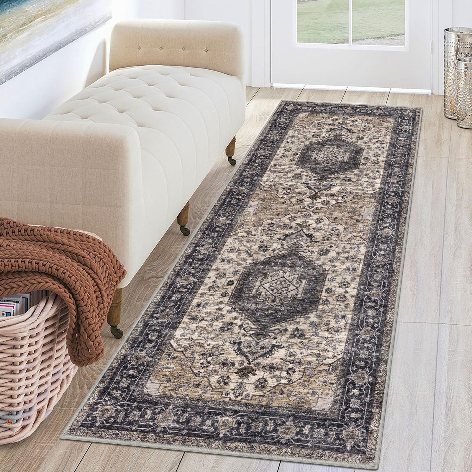 KUTA Runners for Hallways 2x6 Ivory Grey-Black, Vintage Floral Kitchen Rugs Non-Slip Washable Runner Ultra Soft Printed Retro Flower Carpet Entryway Rug for Bedroom Laundry Nursery Image