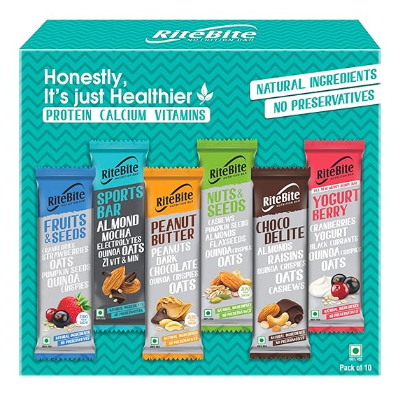 RiteBite Nutrition Assorted Bar Pack of 10 (Choco Delite-1, Yogurt Berry-1, Peanut Butter-2, Fruits