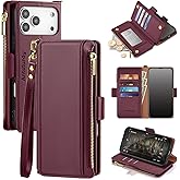 Antsturdy Compatible with iPhone 17 Pro Max Wallet Case Women,RFID Blocking PU Leather Phone Case Men Kickstand Flip Cover Wrist Strap Zipper Credit Card Holder Slots for Apple 17 Pro Max,Wine Red