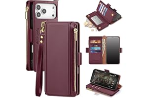 Antsturdy Compatible with iPhone 17 Pro Max Wallet Case Women,RFID Blocking PU Leather Phone Case Men Kickstand Flip Cover Wrist Strap Zipper Credit Card Holder Slots for Apple 17 Pro Max,Wine Red