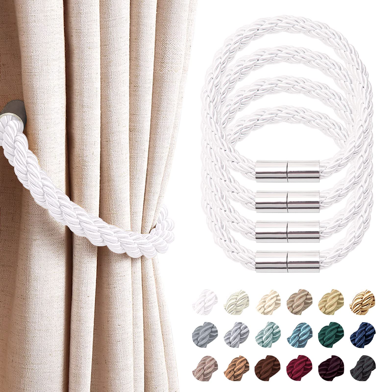 Pretty Jolly 4 Pack Strong Magnetic Curtain Tiebacks Modern Simple Style Drape Tie Backs Convenient Decorative Weave Rope Curtain Holdback for Thin or Thick Home & Office Window Drapery (Silver White)