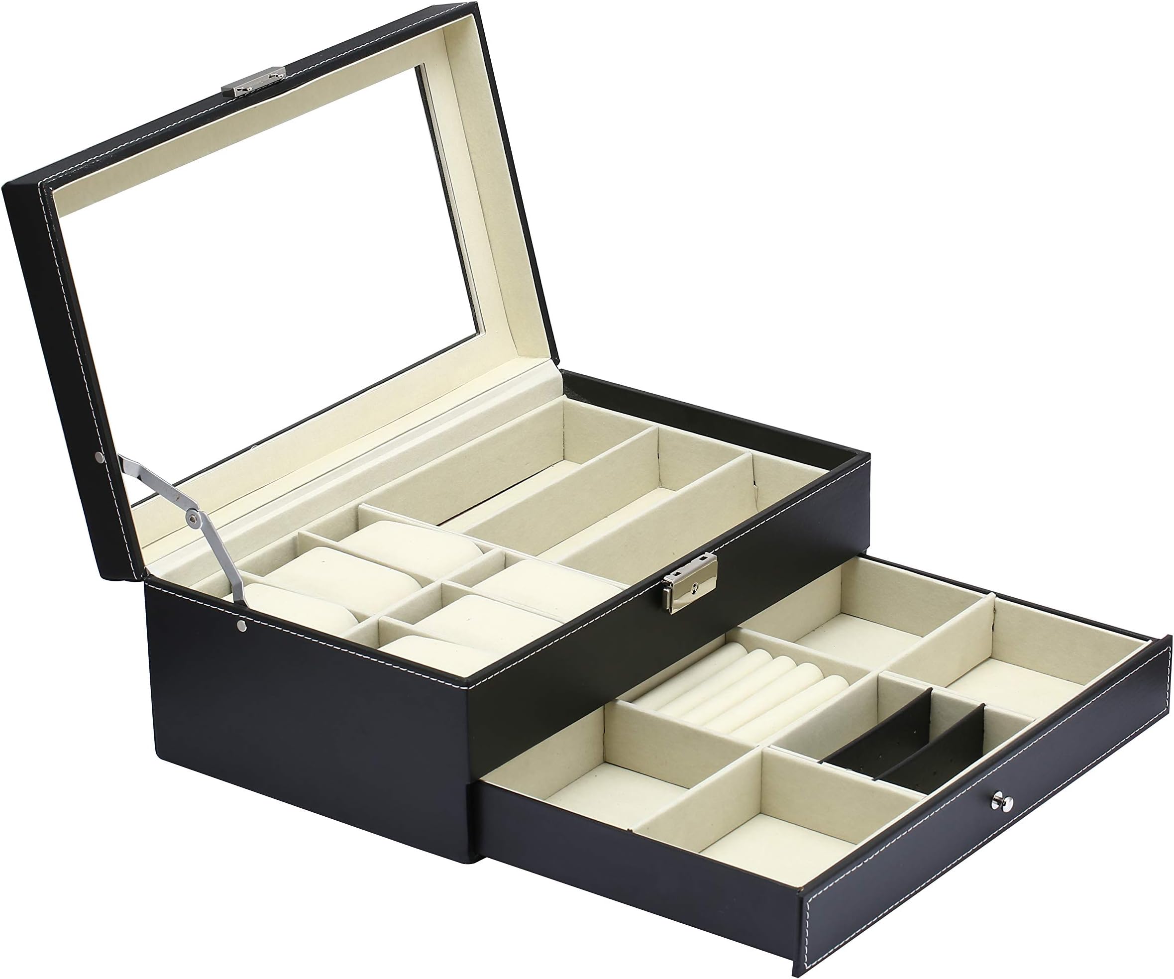 nake Jewelry Box Watch Sunglasses Box Multi-Function Three-in-one Drawer 2 Layer Female Youth Tray Storage Box Earrings Ring Necklace Bracelet Jewelry Box PU Leather Black with Lock