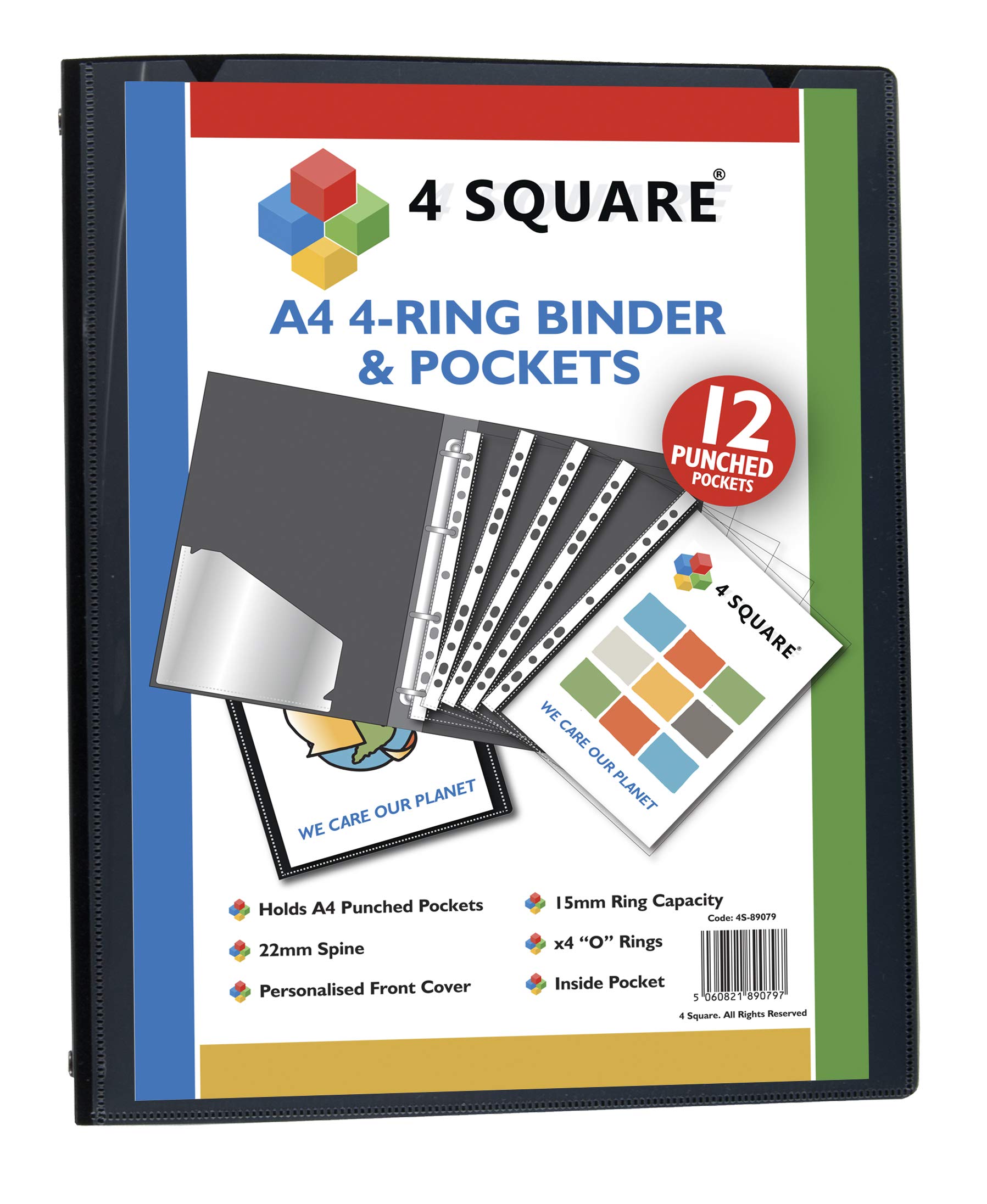 A4 Ring Binder with Free 12 Punched Pockets Black Ring Binder Folder Folio for Professionals, Business, Students, Projects, School, Colleges, Home, Office by 4 Square - 89079 (1 Binder)