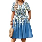 IN'VOLAND Women's Plus Size Short Sleeve Dress Summer Casual V Neck Knee Length A-Line Loose T-Shirt Dress with Pockets