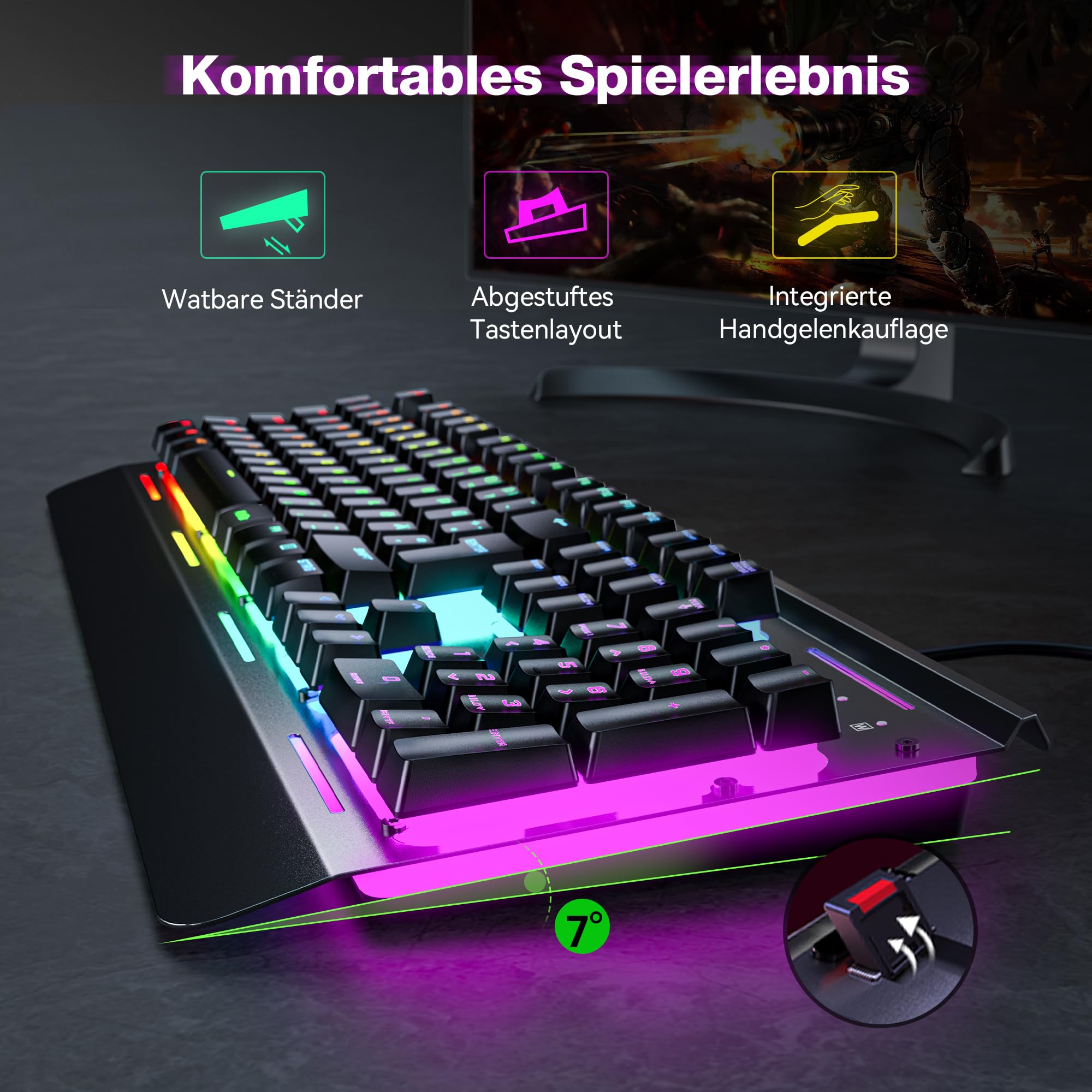 TECKNET Gaming Tastatur 105 Tasten Membrantastatur mit Vollmetall-Gehäuse 3