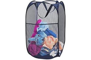 Aplter Mesh Pop Up Laundry Basket Foldable Laundry Hamper, Collapsible Dirty Clothes Basket with Side Pocket (Blue - 1 Pack)