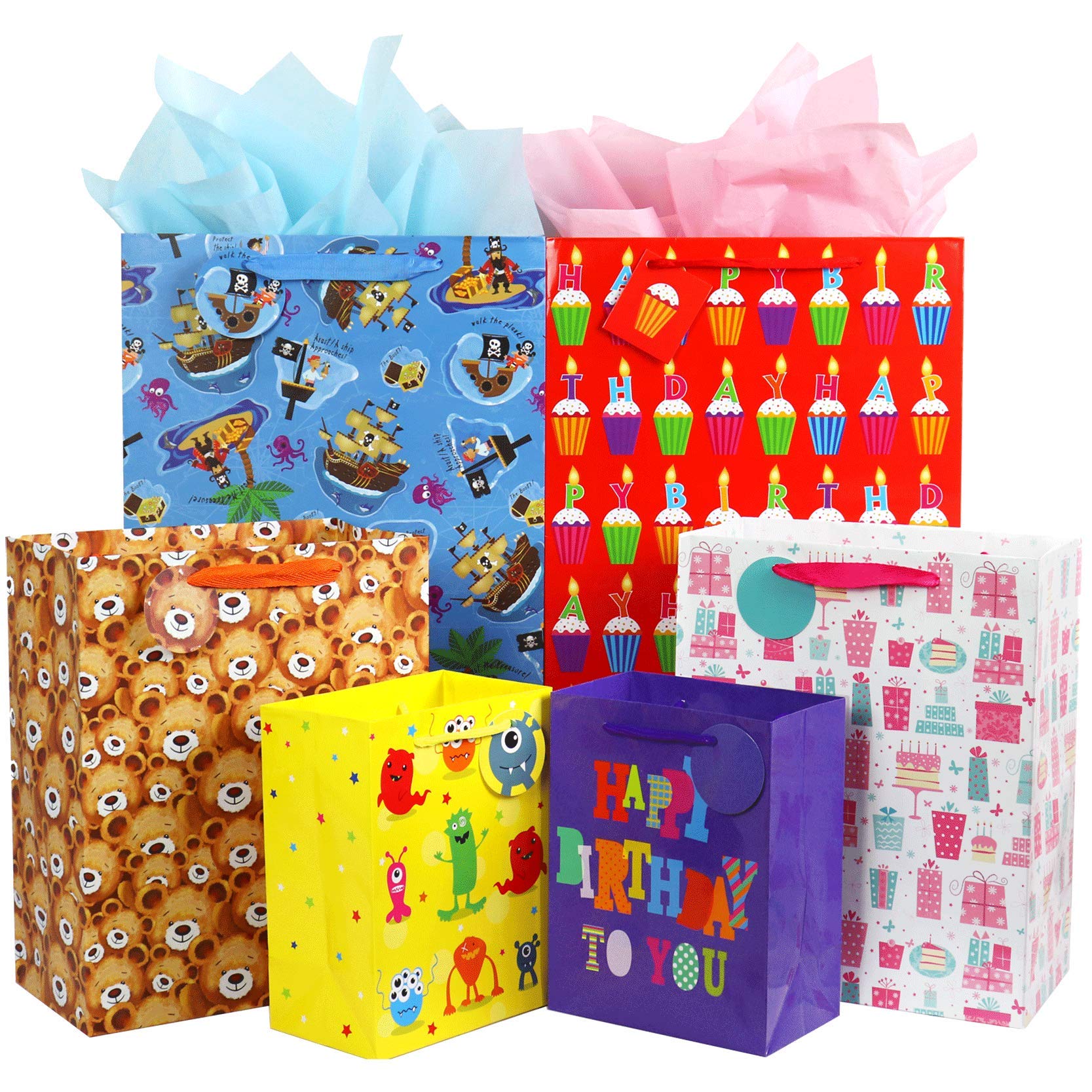 Fzopo Birthday Gift Bag Assortment with Handles and Tags, 12 Pcs Premium Quality Assorted Sizes Paper Bags Set, XL 43x33x16.5, Large 33x26.7x14.6, Medium 23x17.8x10.7cm, 6 Designs