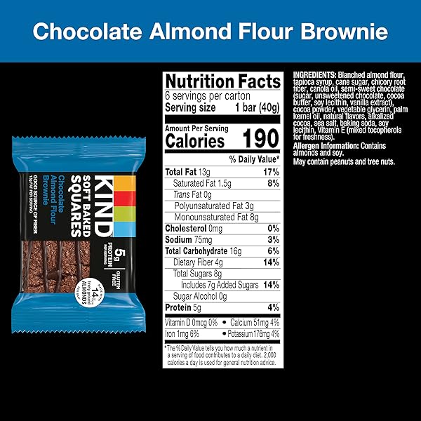 KIND SOFT BAKED SQUARES, CHOCOLATE ALMOND FLOUR BROWNIE, GLUTEN FREE, HEALTHY SNACK BARS, 5G PROTEIN, 6 COUNT