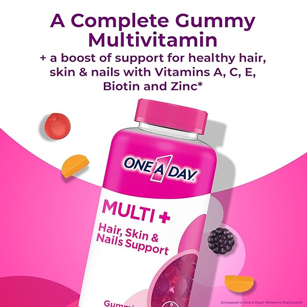 ONE A DAY MULTI+ HAIR, SKIN & NAILS, MULTIVITAMIN + BOOST OF SUPPORT FOR HEALTHY HAIR, SKIN & NAILS WITH BIOTIN AND VITAMINS A, C, E & ZINC ,GUMMY 120 COUNT (2 MONTH SUPPLY)