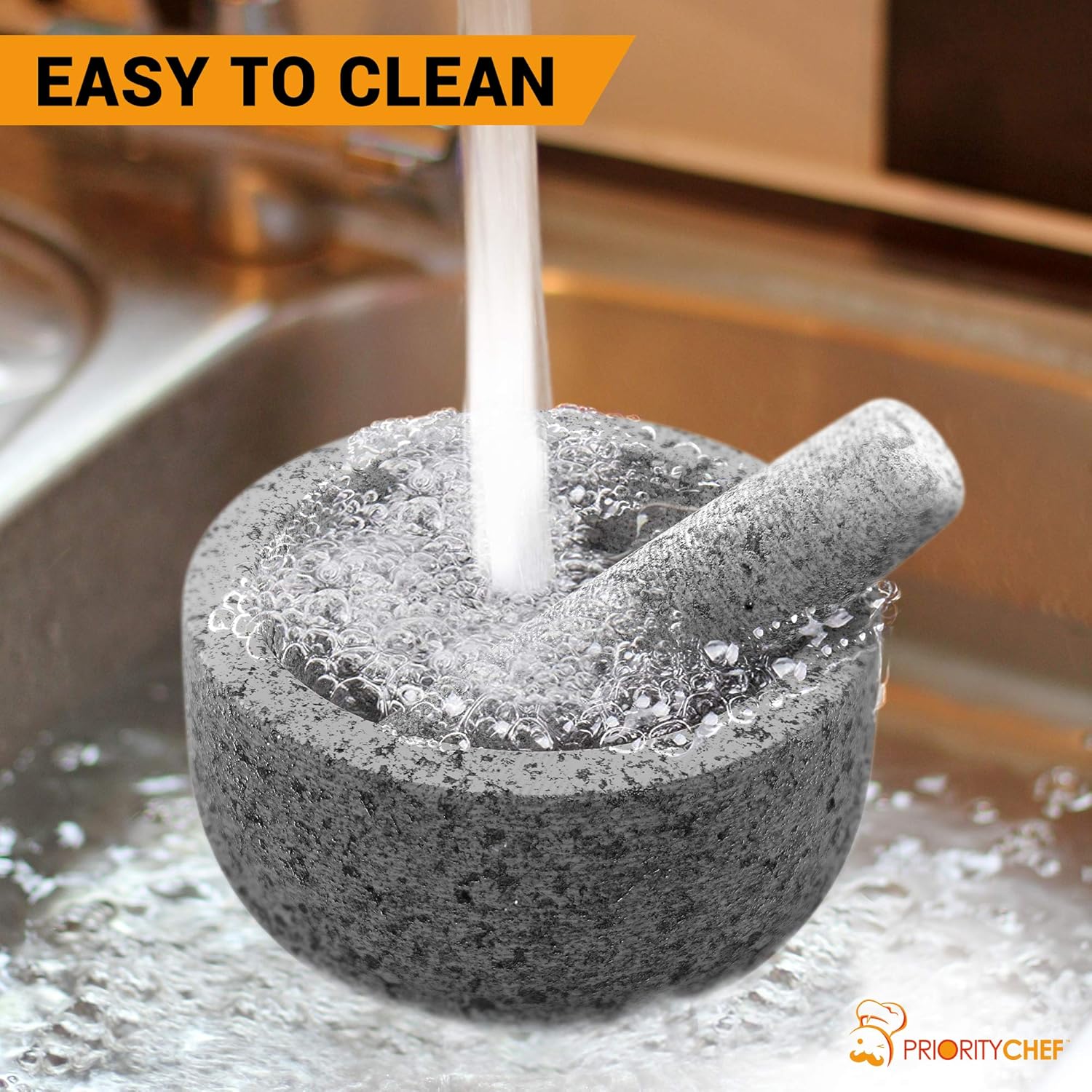 PriorityChef Mortar and Pestle Set, Unpolished Natural Granite, Large 2 Cup Capacity Guacamole Bowl, Silicone Garlic Peeler Included: Kitchen & Dining