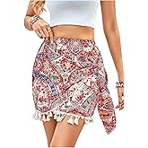 MakeMeChic Women's Paisley Print Mini Skirt Tassel Hem Wrap Tie Side Summer Boho Skirts