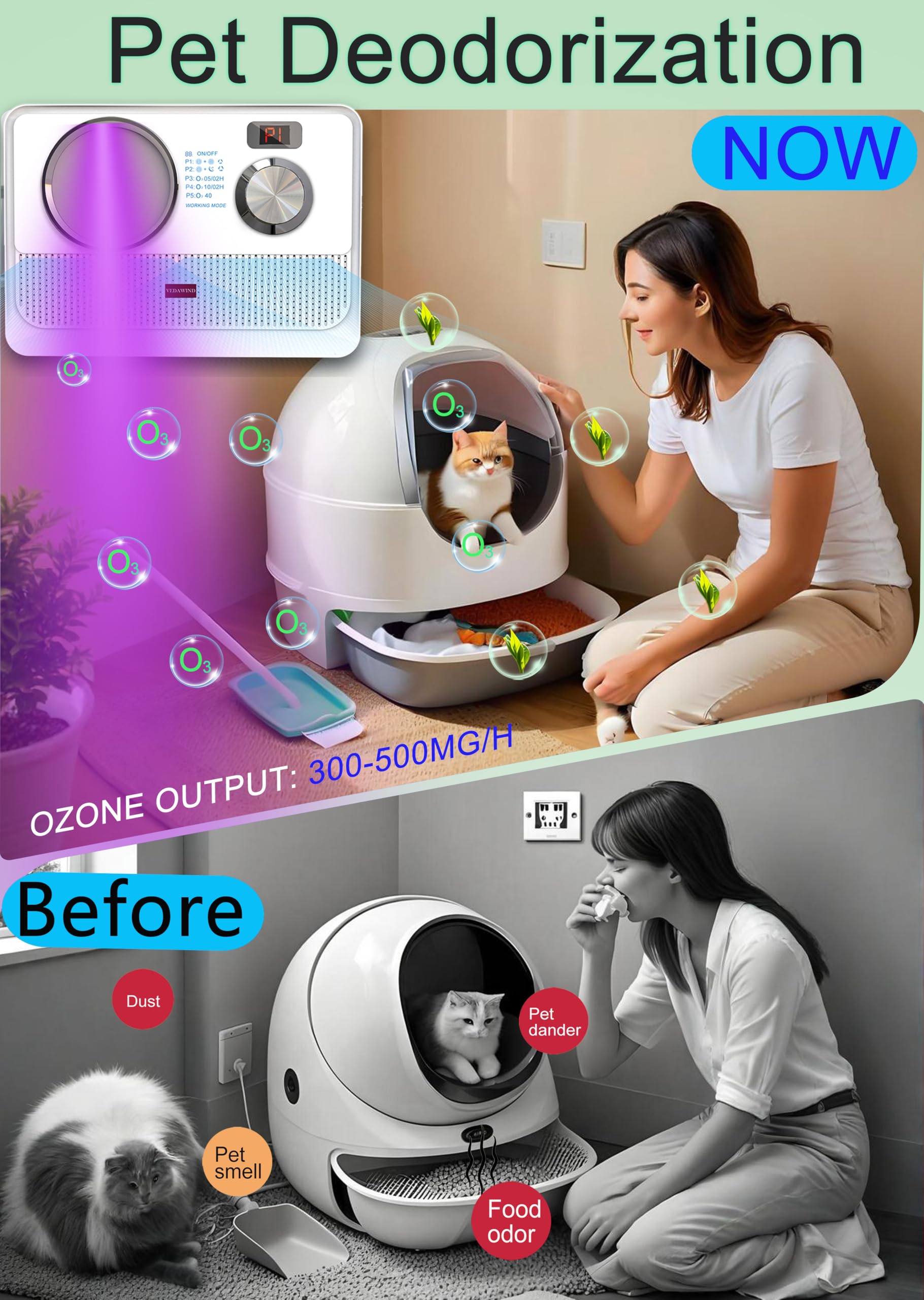 Vedawind 3-in-1 Air Purifier, Cat Litter Deodorizer, Air Freshener for Home with Ozone, Ionizer, U Light – Reduce Pets Poof Odor, Litter Smell, Smoke, Dust,Plug-in to Use