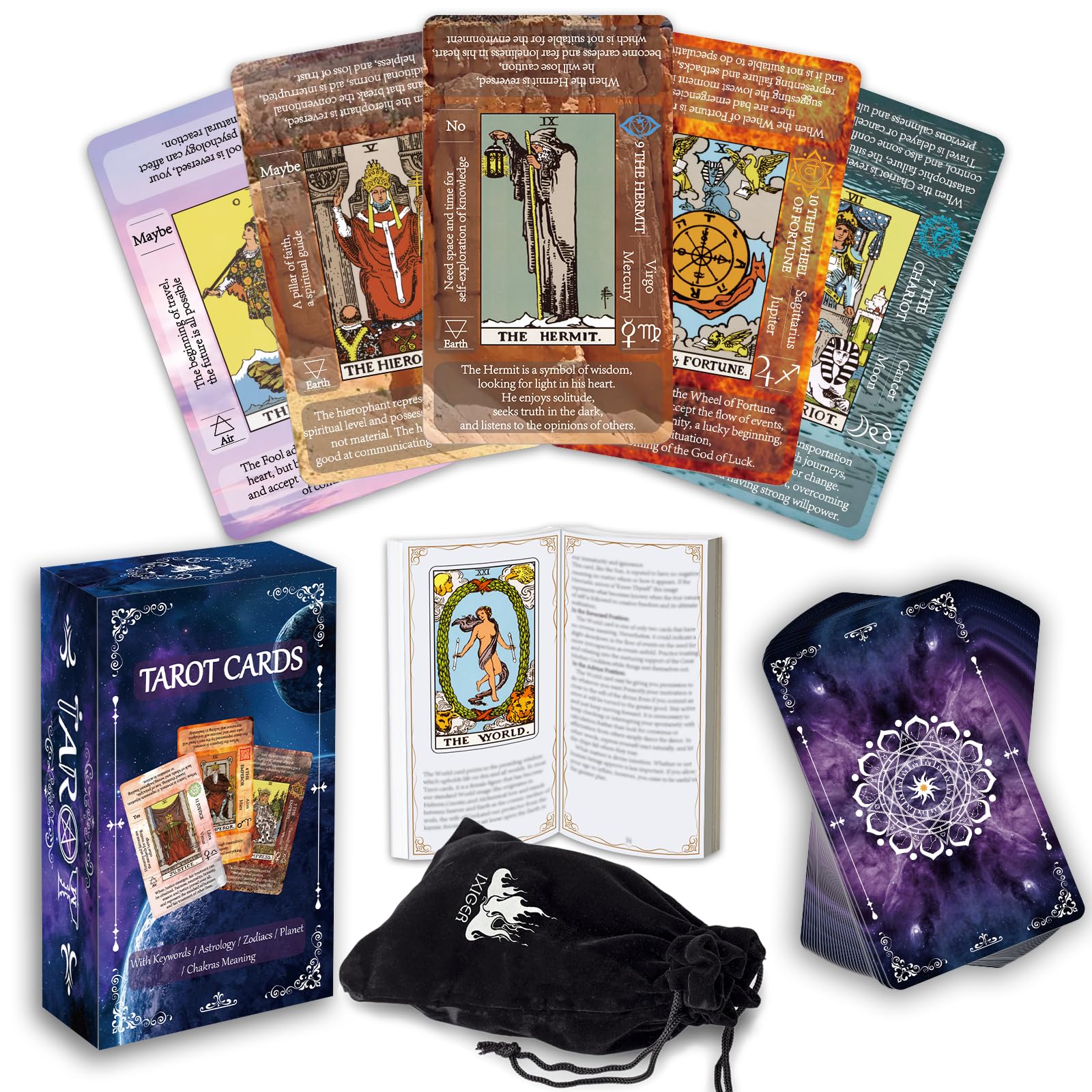 IXIGER Tarot Cards Set With Guide Book for Beginners - Deck With Meanings, Fortune Telling Game, Velvet Storage Bag