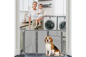 GRENFU 28" Tall Sliding Dog Gates for Doorways with Dual-Opening Walk Thru Door, Fits 32-55" Wide Puppy Gates for The House, Adjustable Width & Angle No Bottom Bar Baby Gate Mesh Pet Gate, Gray