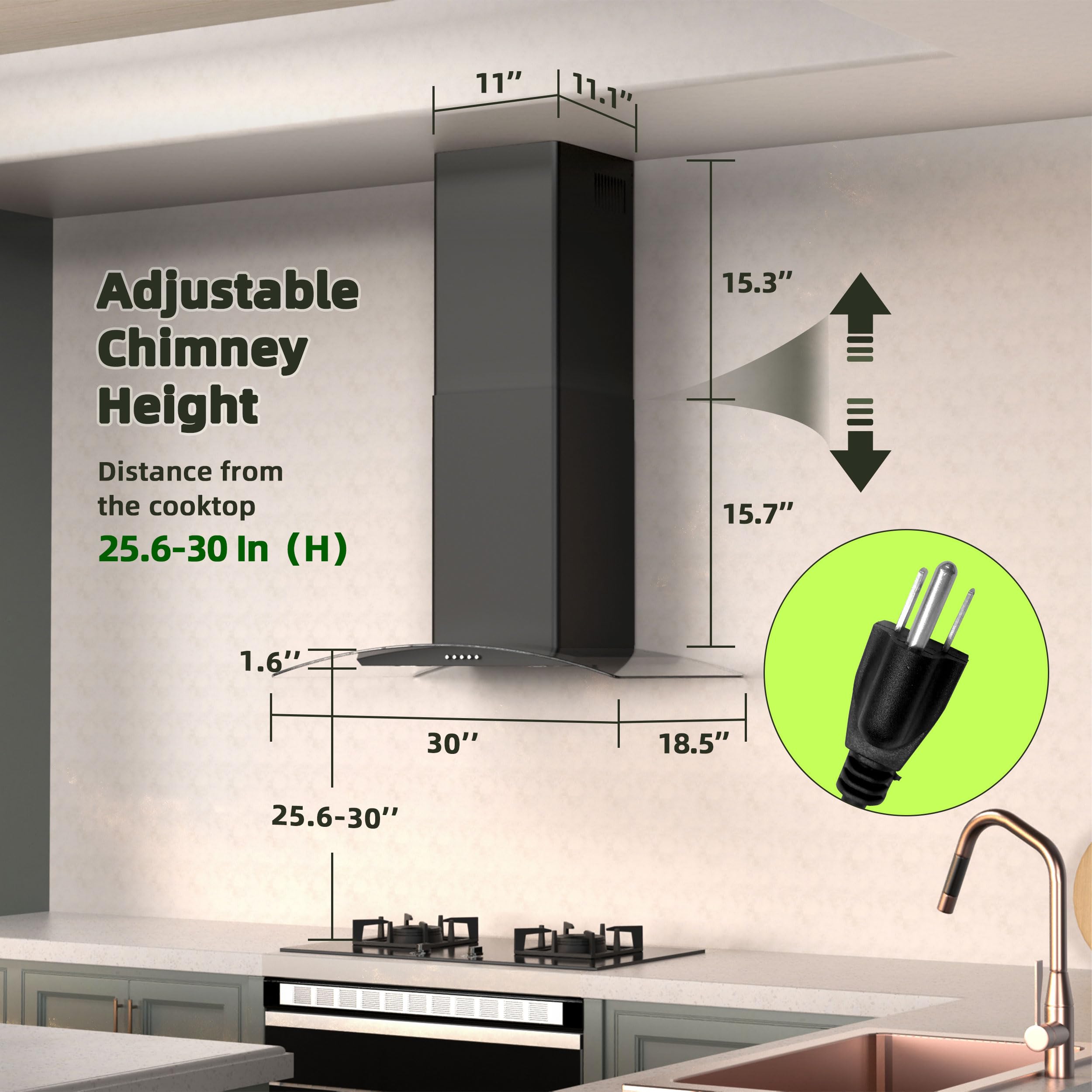 FIREGAS Wall Mount Range Hood 30 inch with 3 Speed Fan,black range hood with tempered glass,400CFM,Push Button Controls, LED Lighting, Permanent Filters in Stainless Steel,includes 2 Charcoal Filters