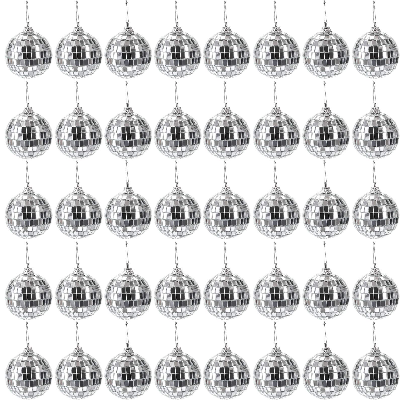 Suwimut 40 Pack Mirror Disco Ball, 2 Inch / 5cm Silver Hanging Disco Light Mirror Ball with Attached String for Party Wedding Home Decoration, Stage Props, Christmas Xmas Tree Ornament