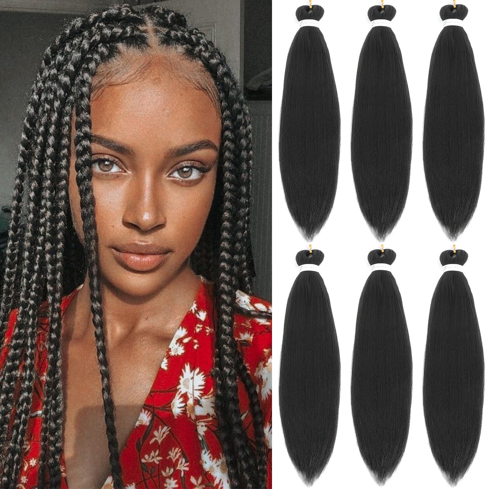 26 Inch Pre Stretched Braiding Hair，6 Packs Soft Yaki Texture EZ Braid for Box Braids Hot Water Setting Synthetic Fiber Hair Extensions（1B#） — image 1