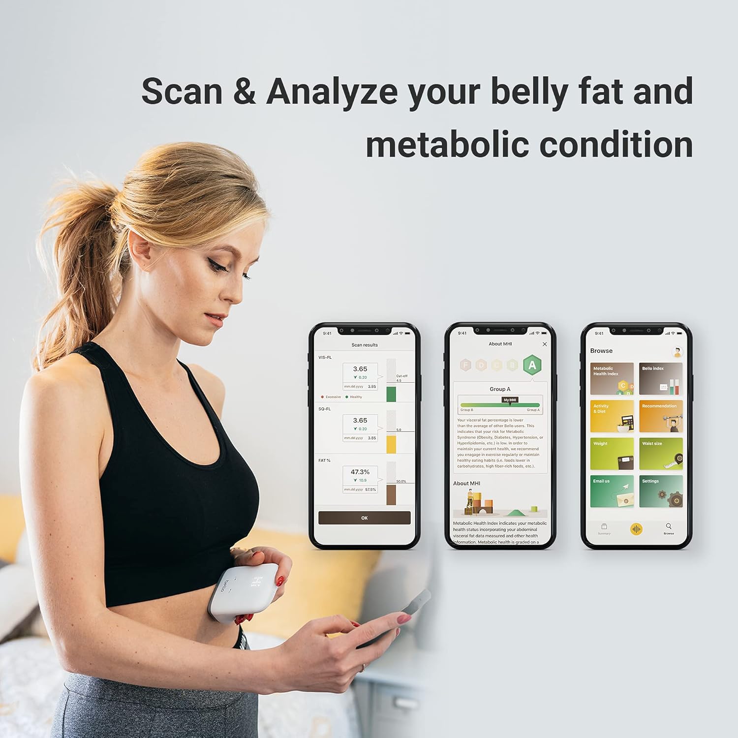 Bello - Belly Fat Scanner - Accurate Metabolic Health Analyzer with Smart App - Bluetooth, Handheld, Compatible with Apple Health and Google Fit: Health & Personal Care