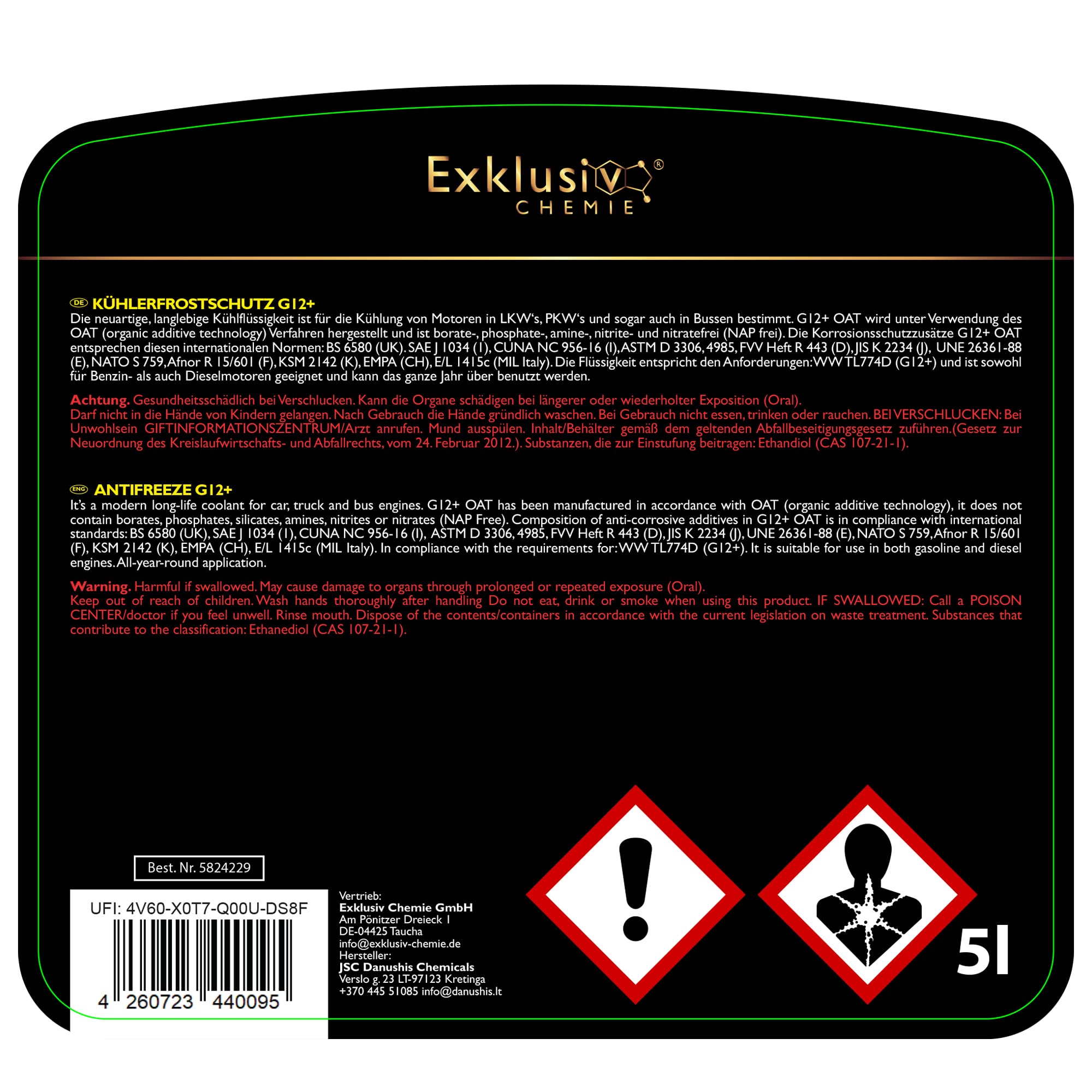 Exklusiv Chemie G12+ Kühlerfrostschutz bis -35° - 5 Liter - 5 Jahre | Kühlflüssigkeit Auto | G12 Kühlmittel Auto | Gebrauchsfertig | Langlebiger Schutz 7
