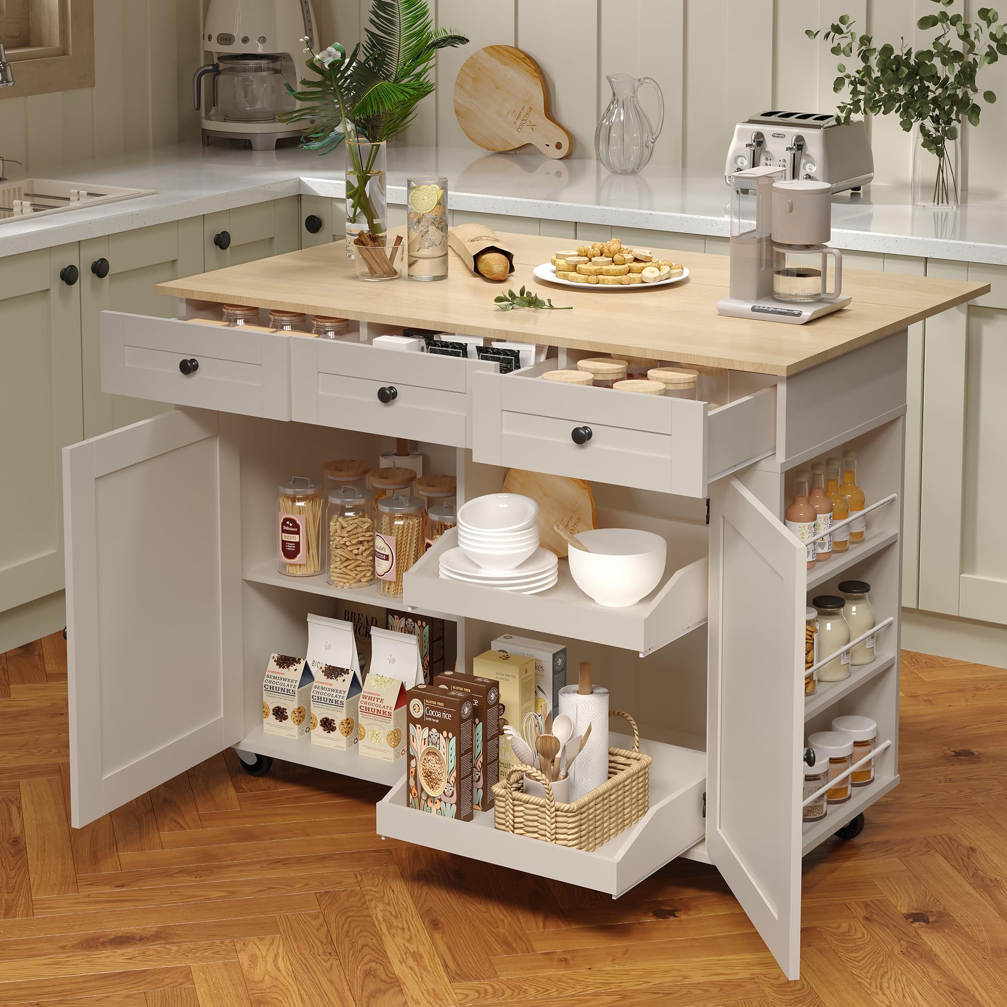Photo 1 of *** BOX A ONLY ***GarveeHome Rolling Kitchen Island with Drop Leaf Countertop, Charging Station & Ample Storage - 47.2 in Mobile Kitchen Cart On Wheels with Pull-Out Shelves, Drawers, Spice Rack & Organizer Divider