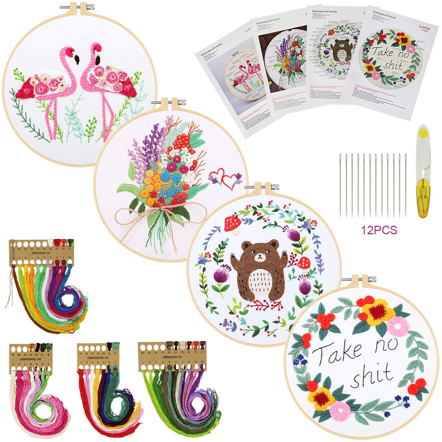 AK KYC 4 Pack Embroidery Starter Kit with Pattern and Instructions,1 Plastic Embroidery Hoops,Scissors,Color Threads and Needles,Embroidery Kit for Beginners